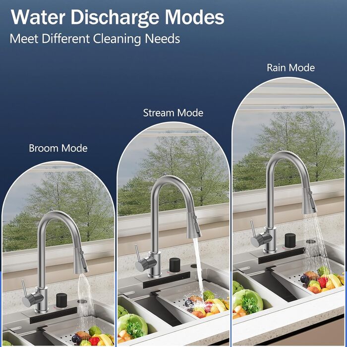 Кухонний змішувач SREWOHS PRO з висувним виливом, 360° обертання, 4 режими розпилення, однорідний, високий вилив, ABS-насадка для кухонної мийки, проста установка (сучасний дизайн)
