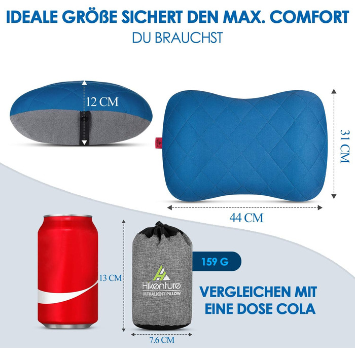 Надувна подушка для кемпінгу та подорожей HIKENTURE з знімним чохлом, ергономічна подушка для голови, зручна подушка для шиї для подорожей/відпочинку на природі (Блакитний)