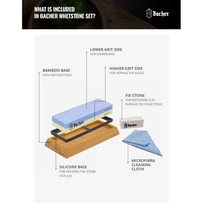 Набір точильних каменів Bacher Premium: 400/1000 та 1000/3000. Точильний камінь, бруски для заточування ножів. З інструкцією