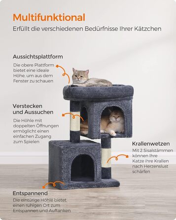 Драбина для котів Feandrea, 67 см, сірий, для кошенят до 3 кг, з великою платформою та сизалевими стовпами, PCT611W01