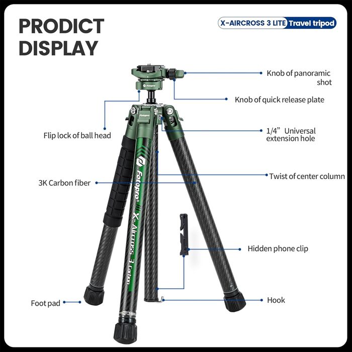 Штатив Fotopro X-Aircross 1: Вуглецеве волокно, 130 см, поворот 360°, швидкозмінна пластина, 8 кг, зелений