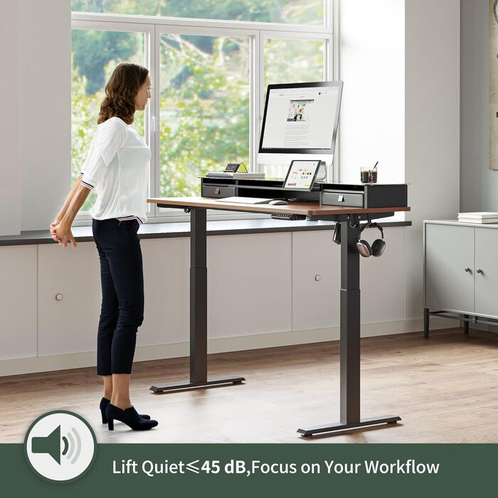 FEZIBO Electric Standing Desk with 2 Drawers - 140x60cm Adjustable Height Desk with Memory Control, Anti-Collision System, Light Brown Home Office Desk