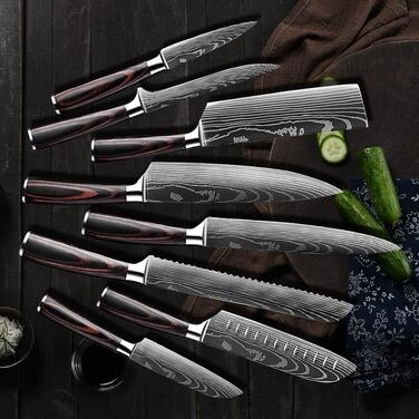 Набір професійних кухонних ножів | Шеф-ніж, Сантоку, хлібний ніж та інші | Нержавіюча сталь з лазерним візерунком, ручки з пакавуду | Подарунковий набір