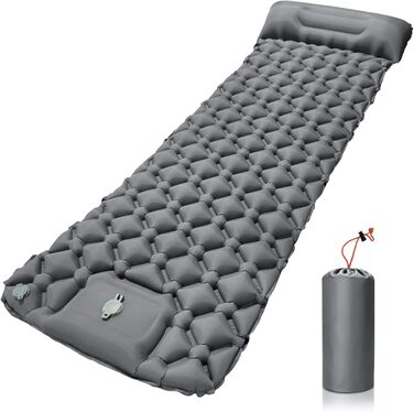 Надувна туристична матрац Isomatte з самонадуванням, водовідштовхувальна, з насосом та подушкою, сірий колір. Підходить для кемпінгу, походів, риболовлі та подорожей.