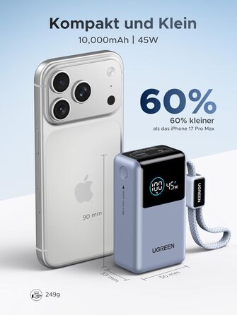 Power Bank UGREEN 10000mAh 55W з кабелем, PD 45W, Mi Turbo Charge для Xiaomi, сумісний з iPhone 15/16/17, блакитний