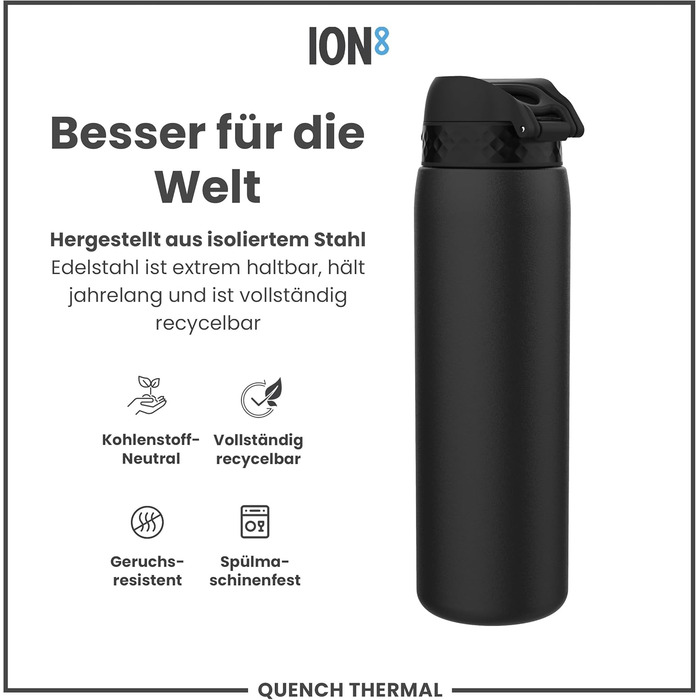 Ion8 Vacuum Insulated Stainless Steel Water Bottle, 1 Liter, 920 ml, Leak-Proof, One-Handed Opening, Secure Locking, Dishwasher Safe, Carrying Handle, Durable, Ideal for Sports and Yoga