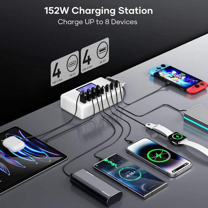 Зарядний пристрій USB-C 152W з LCD дисплеєм, 4x USB-A, 4x USB-C, швидка зарядка для iPhone 16, iPad, Samsung та інших пристроїв - Чорний