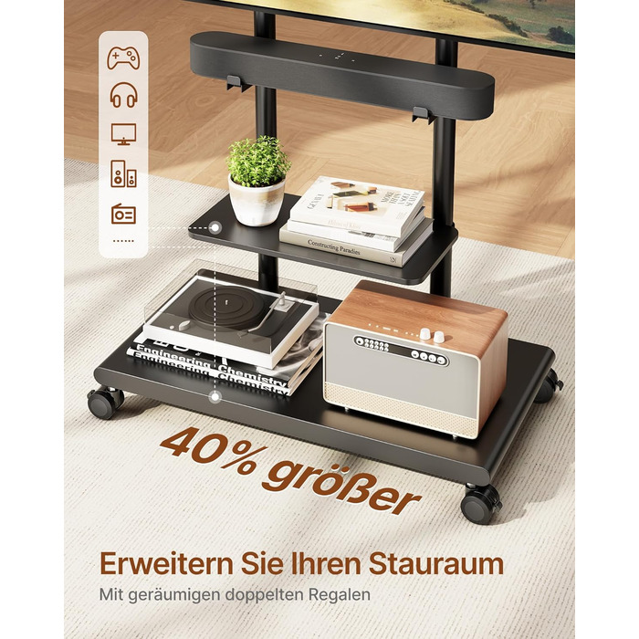 Підставка для телевізора на колесах з кріпленням для саундбару, 50-90 дюймів, до 70 кг, регульована висота та нахил, MAX VESA 600x400 мм