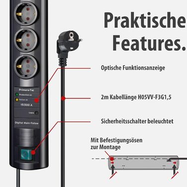 Смуга живлення Brennenstuhl Primera-Tec Comfort Switch Plus з захистом від перенапруги (2м кабель, вимикач та RJ-11 роз'єм) чорна з ручним/ножним вимикачем (7 розеток, функція Main-Follow, Single)
