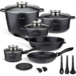 Набір каструль та сковорідок EliteHoff 17 предметів з антипригарним покриттям, чорний (E-7026)