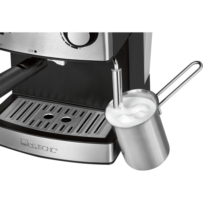 Clatronic® Espresso Machine | Small Coffee Machine | 15 bar Pump Pressure | 1.6 Liter Transparent Water Tank (Removable) | 2 Stainless Steel Nozzles with Frothing and Hot Water Function | 850 Watts | ES 3643