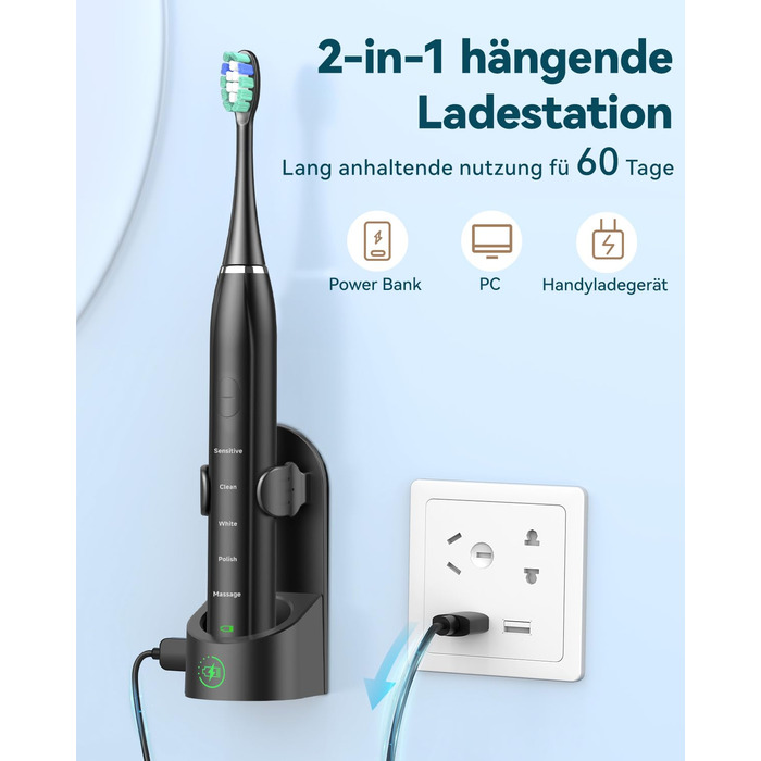 Електрична звукова зубна щітка для дорослих - відбілювання, ультразвукова, з кейсом для подорожей та зарядною станцією, 8 насадок, 5 режимів чищення (Чорна)