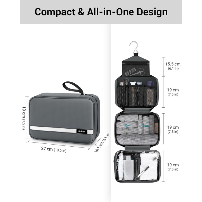 Сумка для туалетних аксесуарів Maliton: велика водонепроникна сумка-органайзер для подорожей, спорту та басейну | 4 відділення | Складана та компактна (Сірий)