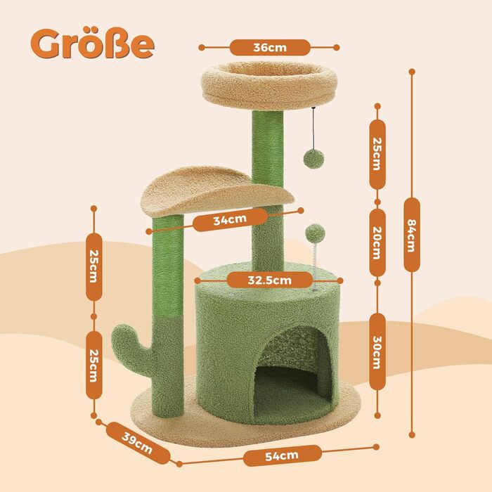 PETEPELA Cactus Scratch Tree Small 84cm Modern Cat Tree Detachable Top Bed, Plush Cave, 2 Sisal Posts, 2 Play Balls, Green