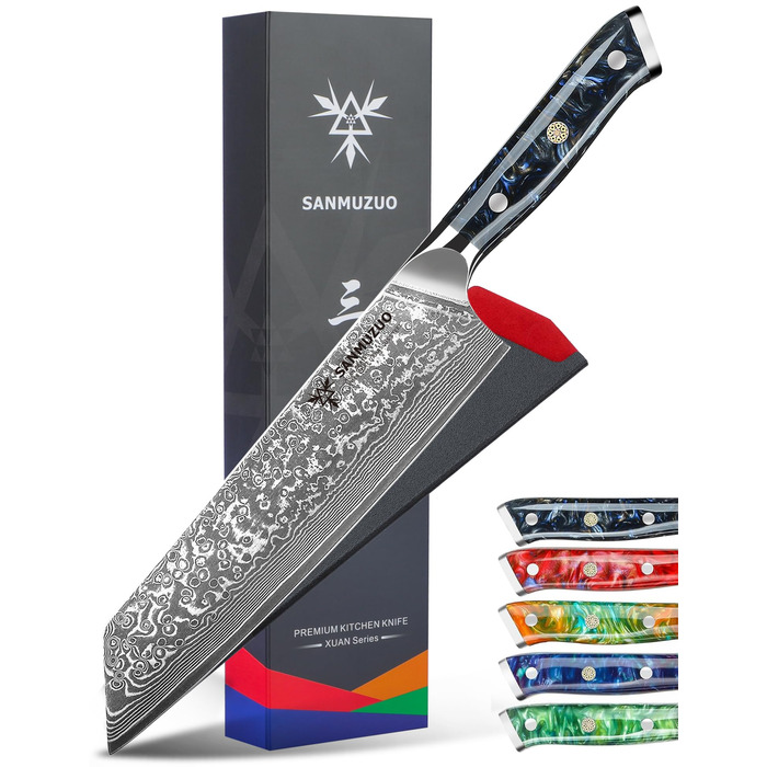 Ніж Kiritsuke Damast Xuan, 22 см, сталь VG10 Дамаск, ручка з смоли (сапфірово-синій) - Sternenschwarz