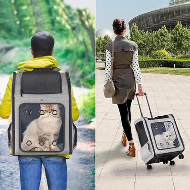 Транспортна переноска для собак та котів великого розміру з колесами, сірого кольору. Рюкзак-переноска для собак до 15 кг з прозорим вікном.