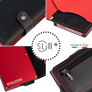 Стильний гаманець Slim Geldbörse для чоловіків та жінок з RFID захистом, відділенням для монет. Зроблено в Італії (Чорний/Червоний)