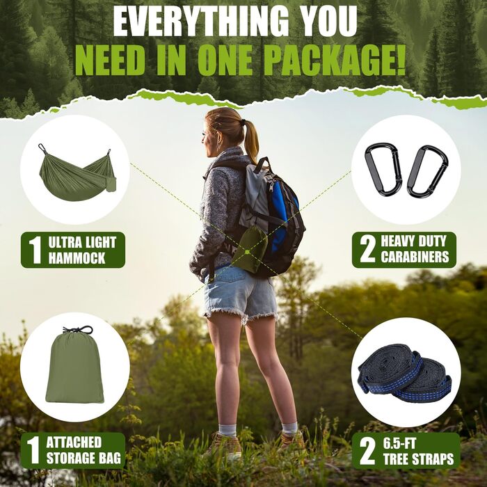 Легка гамак для відпочинку на природі | Гамак для кемпінгу та подорожей, 300 кг, дихаючий, швидковисихаючий, нейлон, 270x140 см