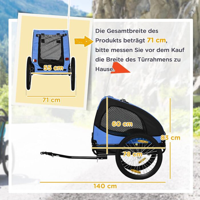 PawHut Причіп для собак, велосипедний причіп, швидкознімні кріплення, водостійкий, оксфордська тканина, сталь, 140 x 71 x 83 см (Блакитний)