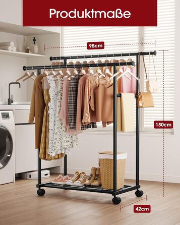 Стійка для одягу на колесах з подвійною перекладиною та сітчастим дном, 98 x 42 x 150 см, Чорний