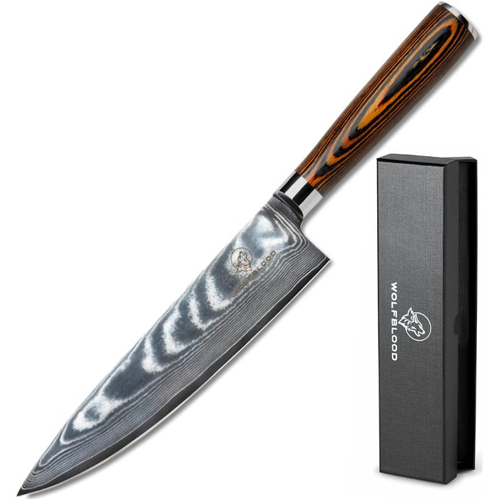 Професійний кухонний ніж Wolfblood XL 32 см із дамаської сталі 67 шарів, дерев'яна ручка, подарункова коробка та чохол для леза