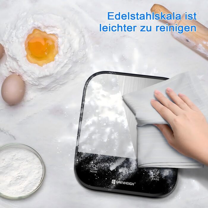 Кухонні ваги UNIWEIGH: цифрова вага для продуктів, грам/унція, випічка, приготування їжі, LED дисплей, функція тарування, нержавіюча сталь, чорний колір