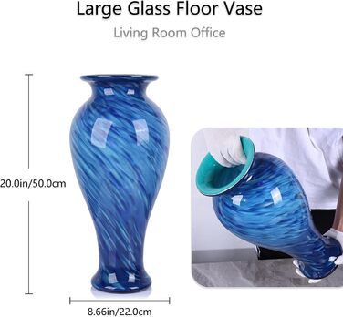 Велика скляна ваза 50,8 см, ручної роботи, для дому та декору, сучасний дизайн (Блакитна)
