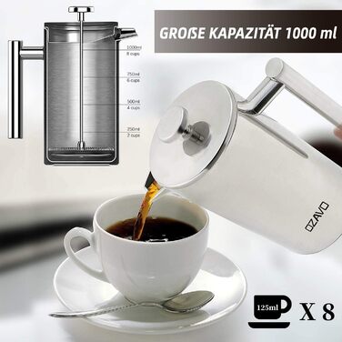 1L Coffee Maker French Press Stainless Steel Thermo with 5 Stainless Steel Filters Double-Walled Insulated System with Two-Layer Construction 1000ML