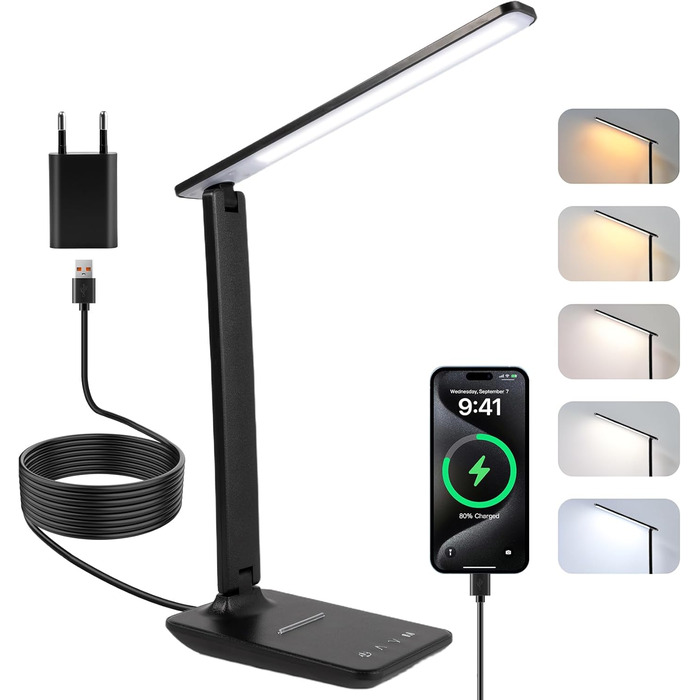 LED лампа настільна диммерна з USB, 5 кольорів та 5 рівнів яскравості, торчкова панель для читання, дитяча, для спальні, офісу, чорна