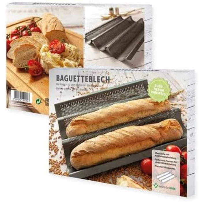 Wundermix - Baguette Sheet with Non-Stick Coating • Baguette Baking Mold for 3 Baguettes • Baguette Baking Sheet for Stick Breads • Baguette Mold • Bread Baking Mold • Baking Accessories