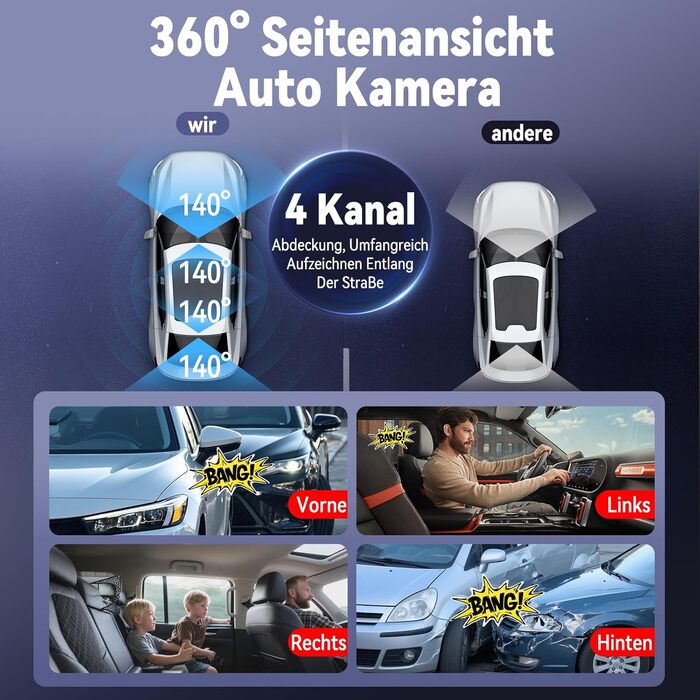 Двоканальна відеореєстратор (Dashcam) 2K+1080P з двома камерами, 64GB, IPS дисплей 3', 4x140° кут огляду, WDR, нічне бачення (8 IR-LED), G-сенсор, циклічна запис, додаток, режим паркування 24/7, чорний