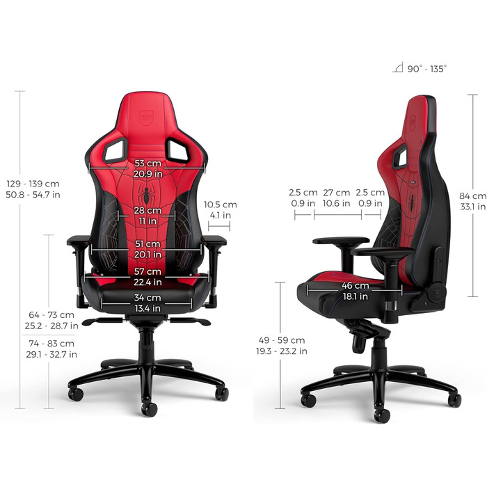 Ігрове крісло noblechairs Epic Spider-Man, ергономічне, офісне, з підголівником і поперековою підтримкою, для користувачів до 120 кг та 185 см