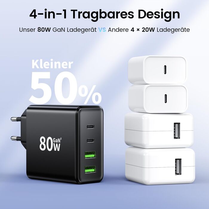 Мережевий зарядний пристрій USB C, 2 шт. 80W, 4 порти USB, швидка зарядка, адаптер для смартфонів, iPad, навушників, чорний