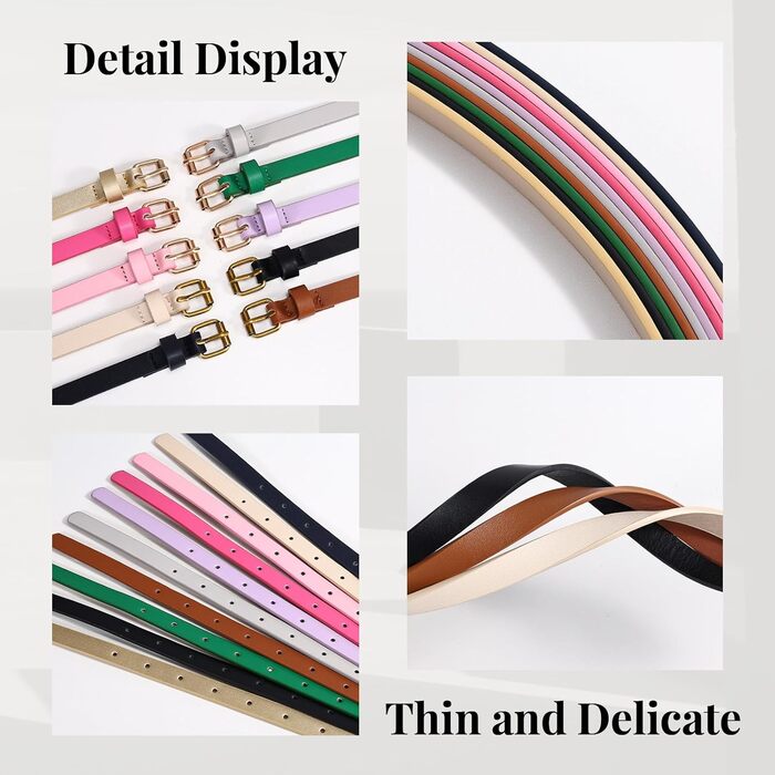 LEACOOLKEY Набір з 4 тонких шкіряних жіночих ременів для суконь, джинсів та штанів з золотою пряжкою (100см, 130см). Підходить для об'єму талії 66-79см та 104-114см. Кольори: золото, сірий, рожевий, фіолетовий