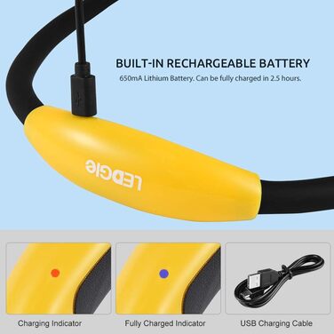 LED лампа на шию LEDGLE для читання, перезаряджувана, 3 режими яскравості, гнучка, 6500-7000K, жовтий світ