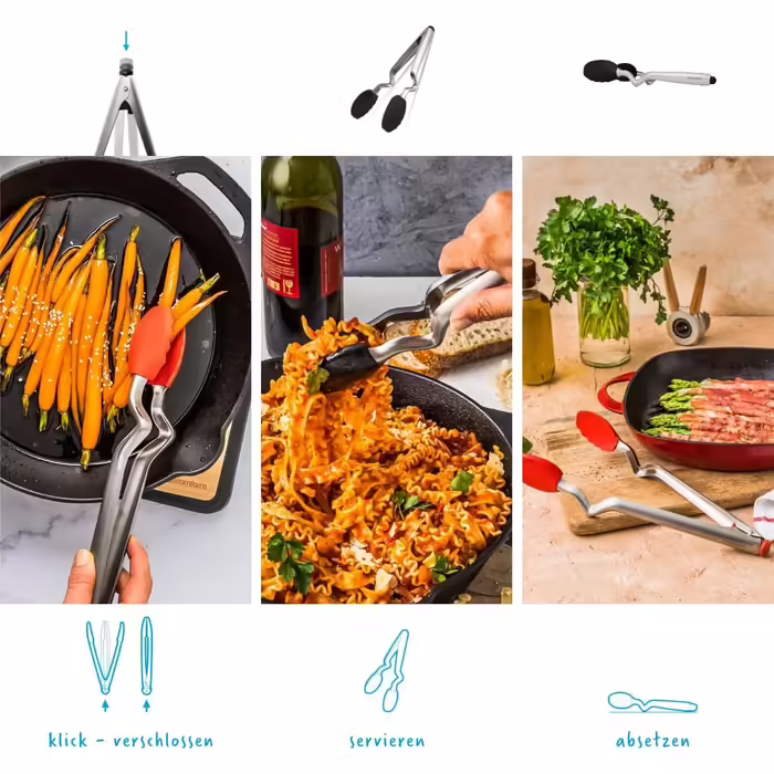 Dreamfarm CLONGS Kitchen Tongs - Stainless Steel and Silicone | 23 cm | Tongs for the Kitchen with Closure | For Resting and Placing on Surfaces or in the Pan | Dishwasher Safe | Heat Resistant up to 260°C