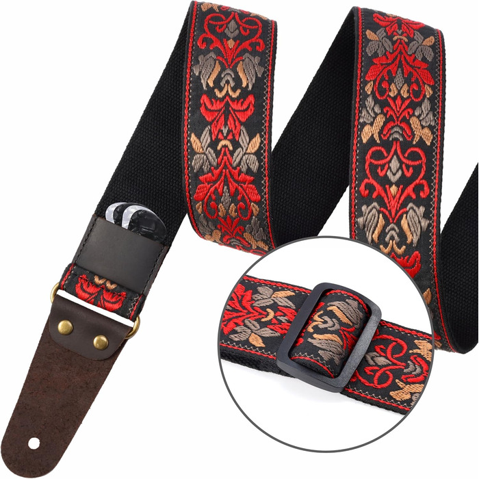 Гітарний ремінь Nefelibata: 2 шт., вишиті, з повним шкіряним краєм, прихованою кишенею, для бас-, електро- та акустичних гітар, безкоштовна пряжка, замок та медіатори. Червоний ретро-квітка