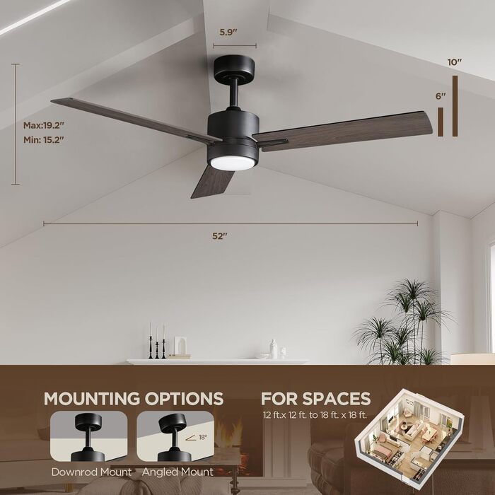 Стеляний вентилятор з підсвіткою та пультом керування: 132 см, сучасний дизайн для спальні. Тиха DC мотор, регульована трикольорова LED-підсвітка, реверсивна функція, для приміщень та вулиці, 220~240V (3 - горіх)