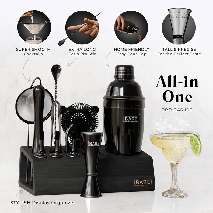Bare Barrel Pro Cocktail Set - 14-Piece Boston Shaker Set with Stand & Recipe Cards - 24oz Cobbler Shaker