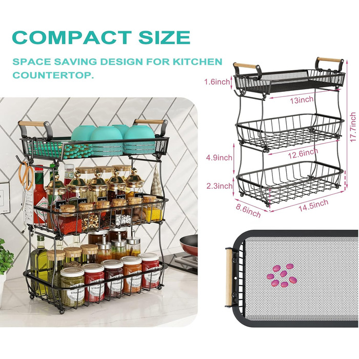 3-Tier Fruit Basket with 2 Banana Hangers for Kitchen Countertop, Vegetable Counter, Storage Holder, Large Capacity, Metal Wire, Fruit Stand, Organizer for Onion, Snack, Black