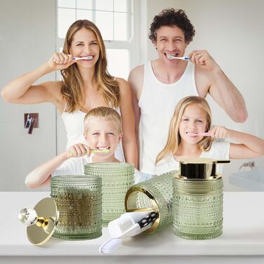 Набір аксесуарів для ванної кімнати Dasiton зі скла, 4 шт: дозатор для мила, тримач для зубних щіток, стаканчик для зубної пасти, контейнер для ватних паличок, декор для ванної кімнати, преміум-якість (зелений)