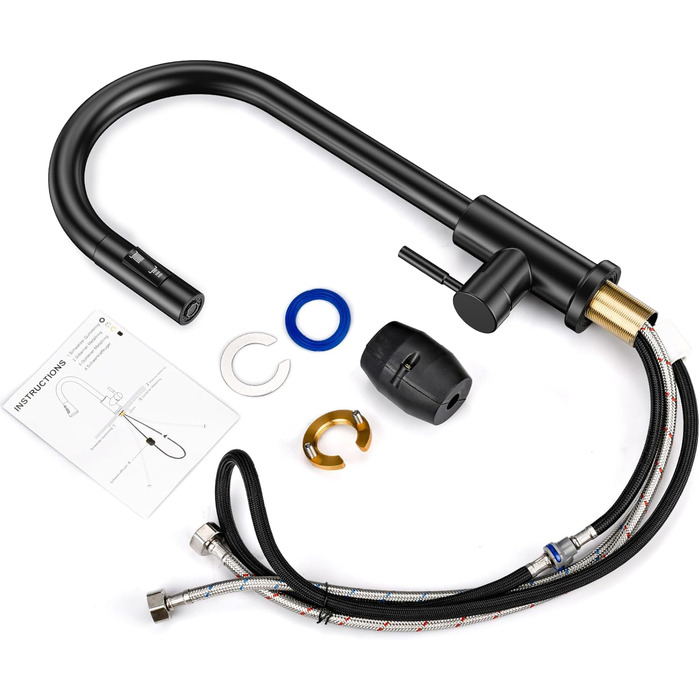 Чорний кухонний змішувач з висувною лійкою, 360° поворот, нержавіюча сталь, гаряча/холодна вода, G3/8'', 2 режими струменя