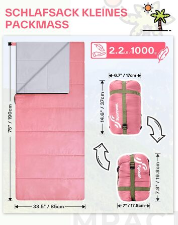 Sportneer Summer Sleeping Bag - Lightweight, Waterproof Camping Sleeping Bag for Backpacking, Hiking & Travel (Pink)