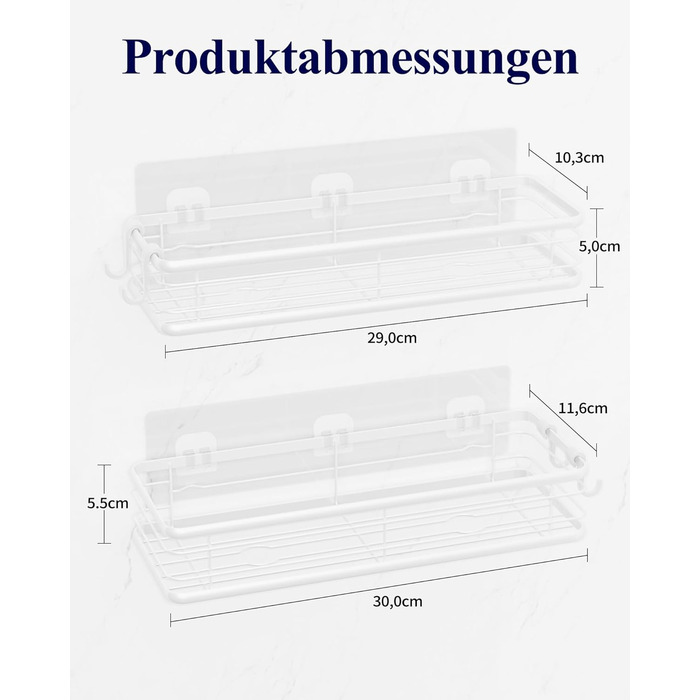 Набір душових полок Kitsure (3 шт.) без свердління, нержавіюча сталь, великий розмір, білий