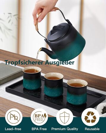 ZENS Design Japanese Teapot, 1000ml Gradient Embossed Japanese Ceramic Teapot with Built-in Strainer and Hemp Rope Handle for Loose Leaf Tea Steeper, Gift for Tea Lovers, Black & Bean Green (Black & Green, 1000ml Teapot & 4 of 200ml Cups)