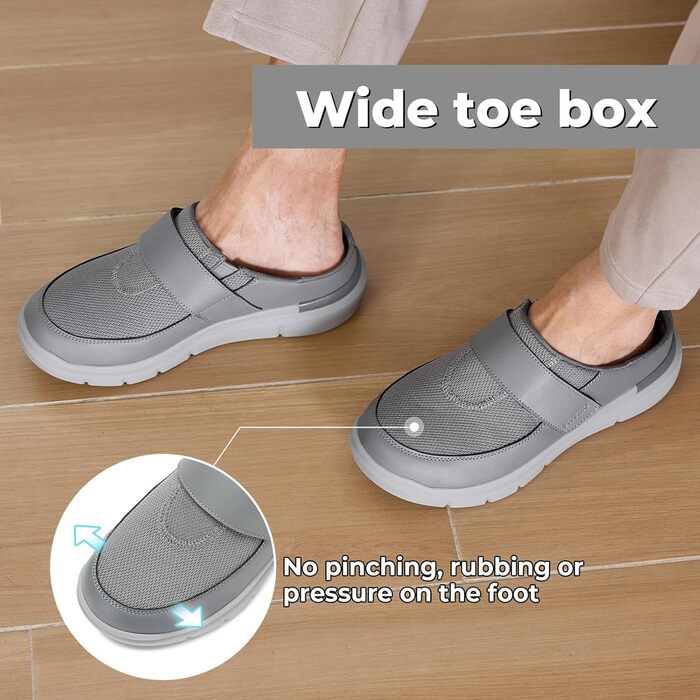 Домашні тапочки чоловічі FitVille для літніх людей та з широкою стопою, сліпони на липучці, розмір 41-50 (43 EU, сірий)