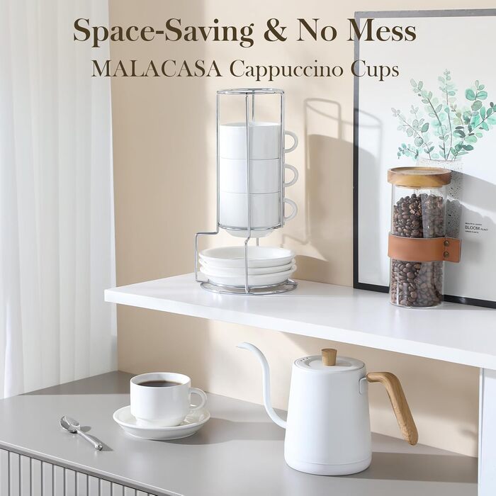 Набір чашок еспресо MALACASA 4 шт., 75 мл, з підставками та стійкою, 240 мл, біле порцелянове, для еспресо, Regular