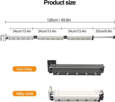 Висувна сушарка для одягу, 3-секційна, настінна штанга для одягу 126 см, економна, складана сушарка з гачками, для балкону, прання, ванної кімнати, білий, молочно-білий