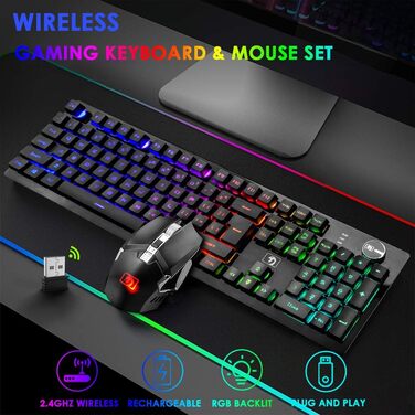 FELiCON Набір комбо для бездротової клавіатури та миші, 4800mAh, RGB-підсвічування, 16 режимів, керування кнопками, ергономічний дизайн, 7 кольорів, чорний K&M