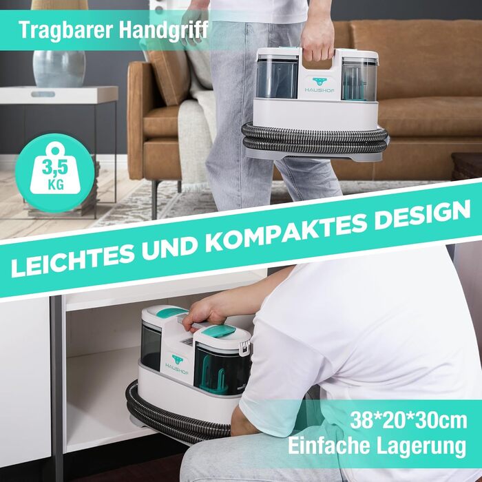 HAUSHOF StainZapper Pro: Професійний миючий пилосос для килимів, меблів та авто. Потужність 450W, 12kPa, об'єм 1,5+0,8L, з миючим засобом та щіткою для швів. Ефективний видалення плям з килимів, диванів, оббивки та салону авто.